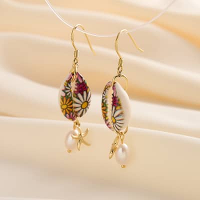 Vintage 925 Sterling Silver Colorful Oil Dropping Conch Starfish Pearl Earrings detail 1
