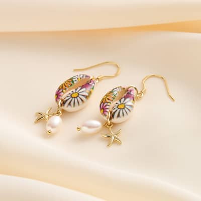 Vintage 925 Sterling Silver Colorful Oil Dropping Conch Starfish Pearl Earrings detail 2