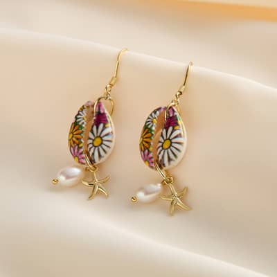 Vintage 925 Sterling Silver Colorful Oil Dropping Conch Starfish Pearl Earrings detail 3