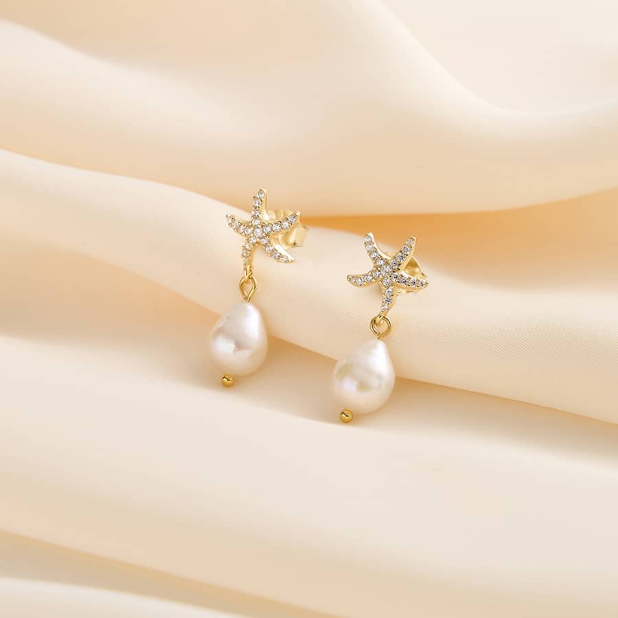 14K Gold Plated Zircon Starfish Freshwater Pearl Drop Earrings - main