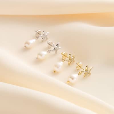 14K Gold Plated Zircon Starfish Freshwater Pearl Drop Earrings detail 3