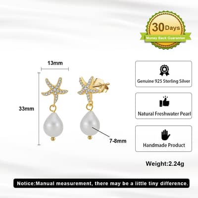 14K Gold Plated Zircon Starfish Freshwater Pearl Drop Earrings detail 4