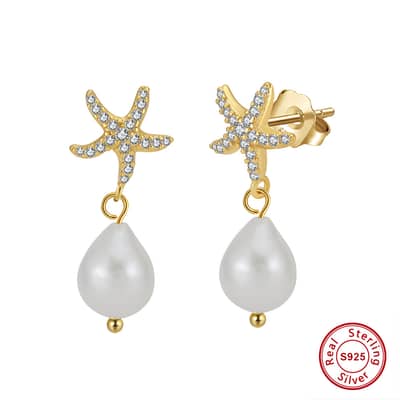 14K Gold Plated Zircon Starfish Freshwater Pearl Drop Earrings detail 5