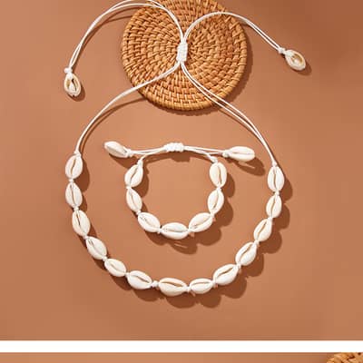 Hawaii Summer Handmade Puka Seashell Choker Necklace With Shell Woven Beach Cowries Bracelet Set detail 3