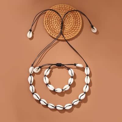 Hawaii Summer Handmade Puka Seashell Choker Necklace With Shell Woven Beach Cowries Bracelet Set detail 4