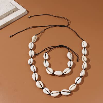 Hawaii Summer Handmade Puka Seashell Choker Necklace With Shell Woven Beach Cowries Bracelet Set detail 5