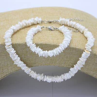 Boho Handmade Natural Puka Shell Chips Bracelet & Anklet Set Hawaiian Summer Seashell Rasta Necklace detail 1