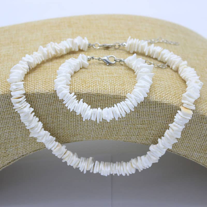 Boho Handmade Natural Puka Shell Chips Bracelet & Anklet Set Hawaiian Summer Seashell Rasta Necklace - main
