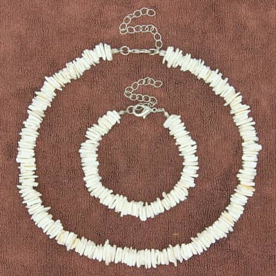 Boho Handmade Natural Puka Shell Chips Bracelet & Anklet Set Hawaiian Summer Seashell Rasta Necklace detail 4