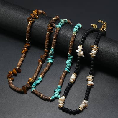 Natural Stone Sea Shell Turquoise Clips Beach Necklace With Handmade Coconut Shell Beaded Surfing detail 1