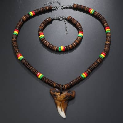 Vintage Resin Shark Tooth Necklace Set With Wooden Beaded Coconut Shell Bracelet detail 1