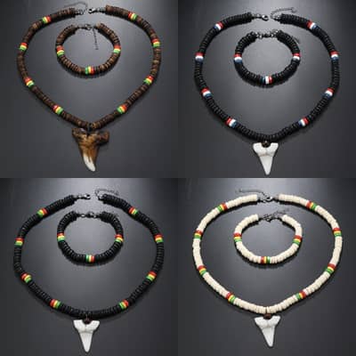 Vintage Resin Shark Tooth Necklace Set With Wooden Beaded Coconut Shell Bracelet detail 2