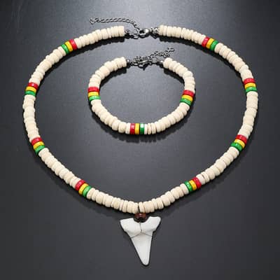 Vintage Resin Shark Tooth Necklace Set With Wooden Beaded Coconut Shell Bracelet detail 4