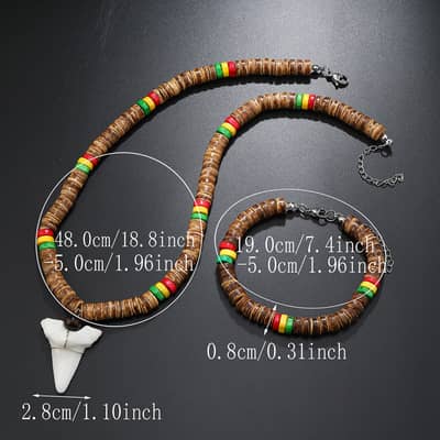 Vintage Resin Shark Tooth Necklace Set With Wooden Beaded Coconut Shell Bracelet detail 5