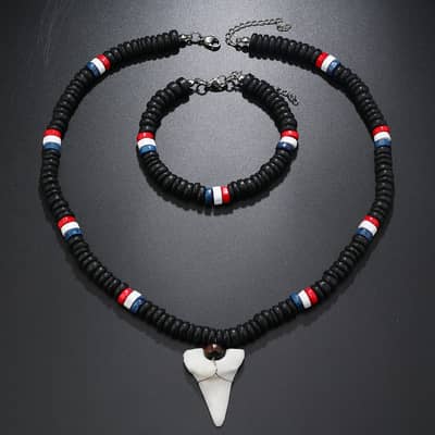Vintage Resin Shark Tooth Necklace Set With Wooden Beaded Coconut Shell Bracelet detail 6
