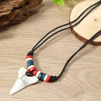 Bohemian Handmade Hawaii Summer Surf Choker With Wooden Bead Shark Tooth Necklace detail 6