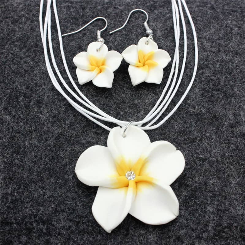 Multi Color Frangipani Flower Necklace & Artificial Plumeria Earrings Set Hawaii Summer Beach Jewelry - main