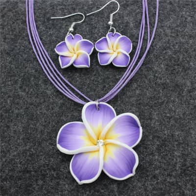 Multi Color Frangipani Flower Necklace & Artificial Plumeria Earrings Set Hawaii Summer Beach Jewelry detail 2