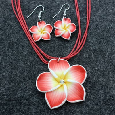 Multi Color Frangipani Flower Necklace & Artificial Plumeria Earrings Set Hawaii Summer Beach Jewelry detail 3