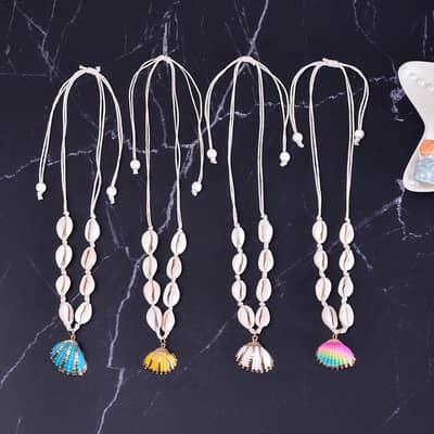 Hawaii Summer Beach Gold Foil Sea Shell Pendant Adjustable Choker With Cowries Puka Shell Necklace detail 1