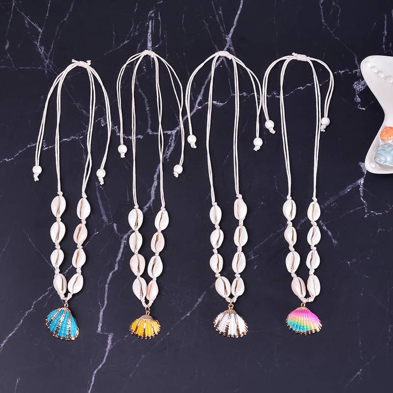 Hawaii Summer Beach Gold Foil Sea Shell Pendant Adjustable Choker With Cowries Puka Shell Necklace - main