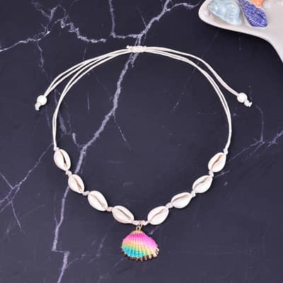 Hawaii Summer Beach Gold Foil Sea Shell Pendant Adjustable Choker With Cowries Puka Shell Necklace detail 3