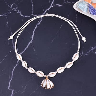 Hawaii Summer Beach Gold Foil Sea Shell Pendant Adjustable Choker With Cowries Puka Shell Necklace detail 4