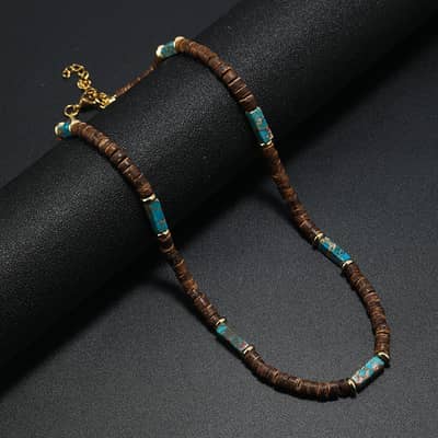 Vintage Boho Handmade Natural Rectangle Energy Stone Necklace With Summer Beach Coconut Beaded Choker detail 3