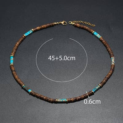 Vintage Boho Handmade Natural Rectangle Energy Stone Necklace With Summer Beach Coconut Beaded Choker detail 5