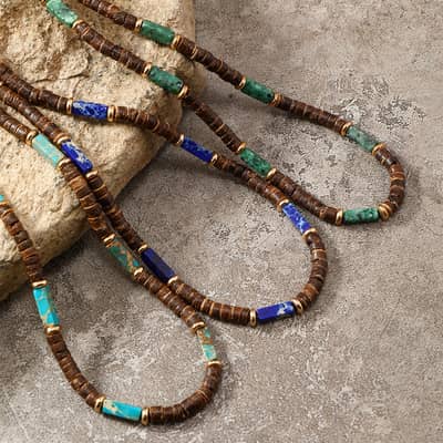 Vintage Boho Handmade Natural Rectangle Energy Stone Necklace With Summer Beach Coconut Beaded Choker detail 6