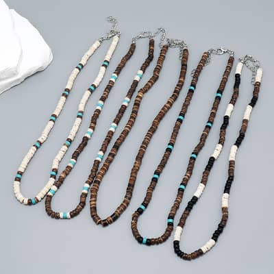 Boho Handmade Hawaii Beach Coconut Shell Beaded Necklace With Natural Turquoise Stone Puka Shell Surfing detail 1