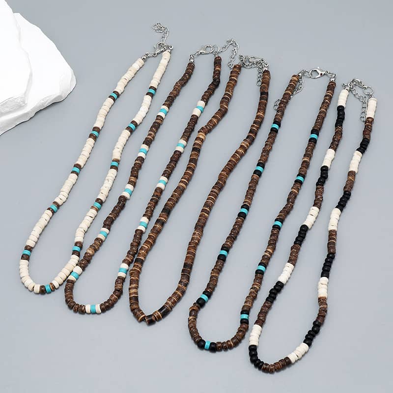 Boho Handmade Hawaii Beach Coconut Shell Beaded Necklace With Natural Turquoise Stone Puka Shell Surfing - main