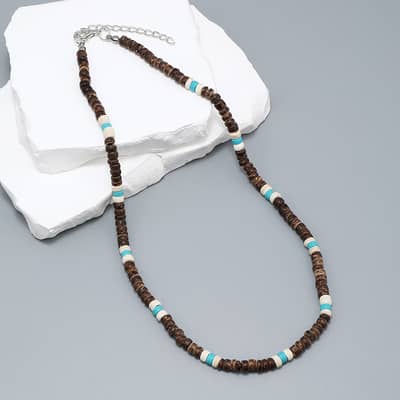 Boho Handmade Hawaii Beach Coconut Shell Beaded Necklace With Natural Turquoise Stone Puka Shell Surfing detail 2