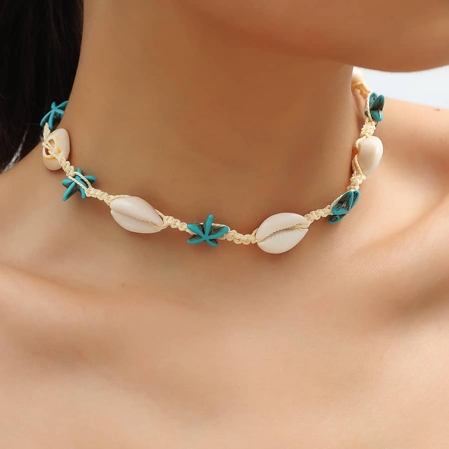 Cowry Puka Sea Shell Necklace with Summer Beach Shell Beaded Choker, Natural Stone Sea Turtle Jewelry - main