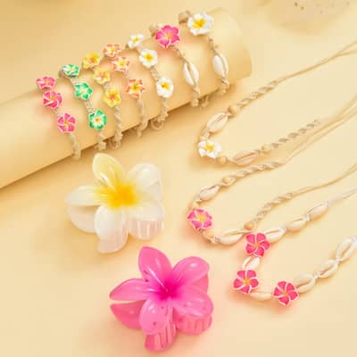 Sea Puka Shell Cowries Woven Choker with Frangipani Bracelet, Summer Beach Shell Plumeria Anklet Necklace detail 1