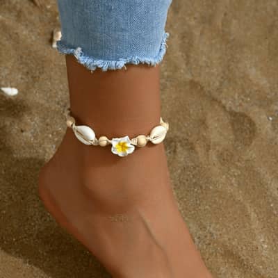 Sea Puka Shell Cowries Woven Choker with Frangipani Bracelet, Summer Beach Shell Plumeria Anklet Necklace detail 3
