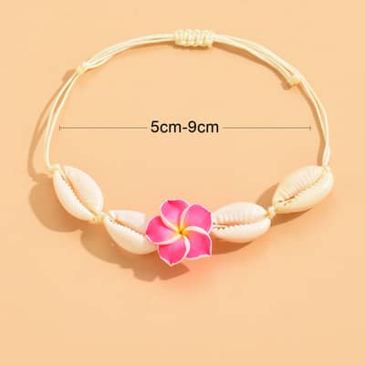 Sea Puka Shell Cowries Woven Choker with Frangipani Bracelet, Summer Beach Shell Plumeria Anklet Necklace detail 6