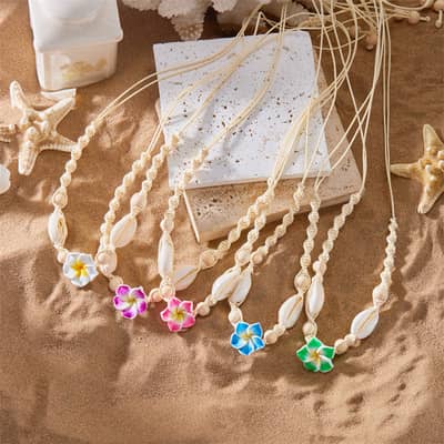 Trendy Handmade Puka Shell Cowries Woven Choker Hawaii Summer Holiday Gifts Jewelry Cute Plumeria Frangipani Flower Necklace detail 1