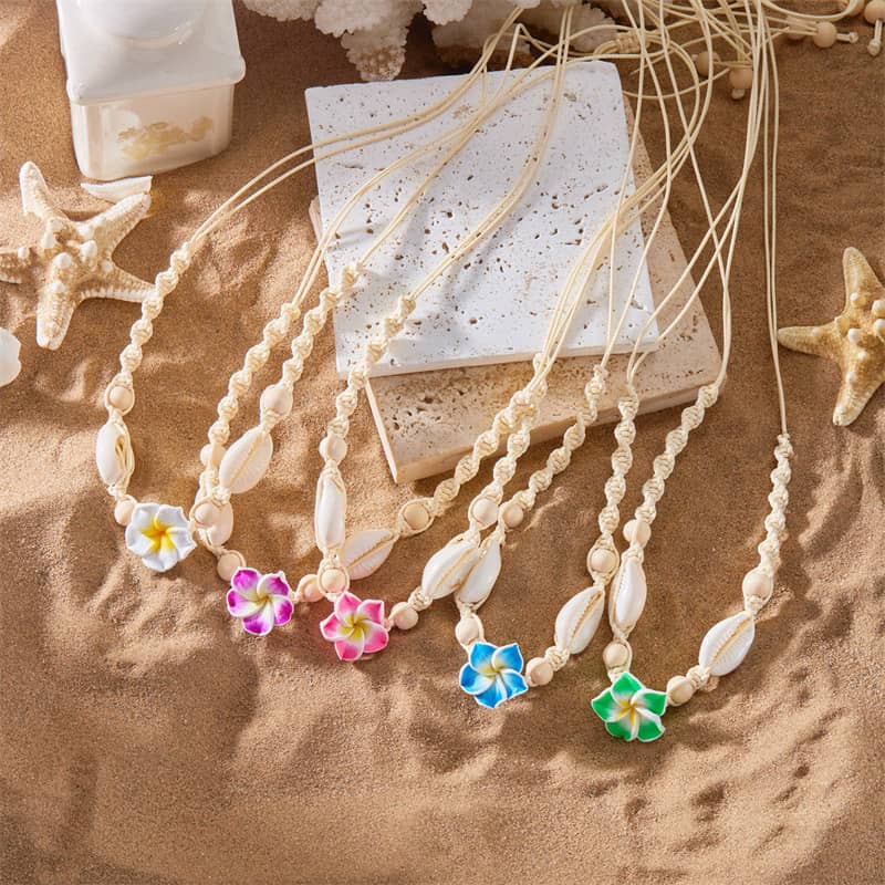 Trendy Handmade Puka Shell Cowries Woven Choker Hawaii Summer Holiday Gifts Jewelry Cute Plumeria Frangipani Flower Necklace - main