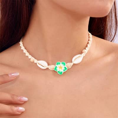 Trendy Handmade Puka Shell Cowries Woven Choker Hawaii Summer Holiday Gifts Jewelry Cute Plumeria Frangipani Flower Necklace detail 3