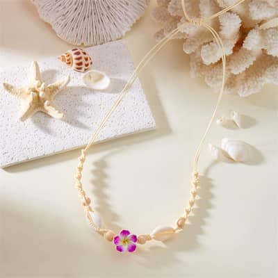 Trendy Handmade Puka Shell Cowries Woven Choker Hawaii Summer Holiday Gifts Jewelry Cute Plumeria Frangipani Flower Necklace detail 6