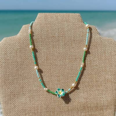 Handmade Miyuki Beaded Choker With Plumeria Frangipani Flower Pearl Beads Necklace detail 1