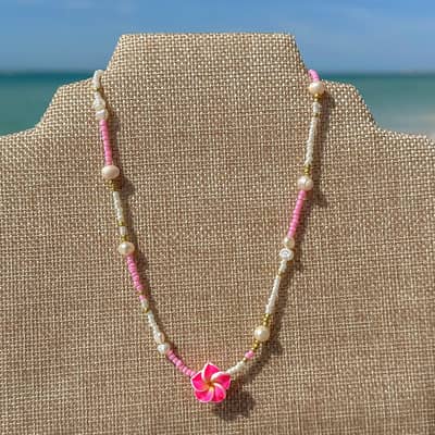 Handmade Miyuki Beaded Choker With Plumeria Frangipani Flower Pearl Beads Necklace detail 4
