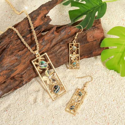 Gold Rectangle Bar With Plumeria Necklace & Natural Abalone Shell Turtle Drop Earring Jewelry Set detail 1