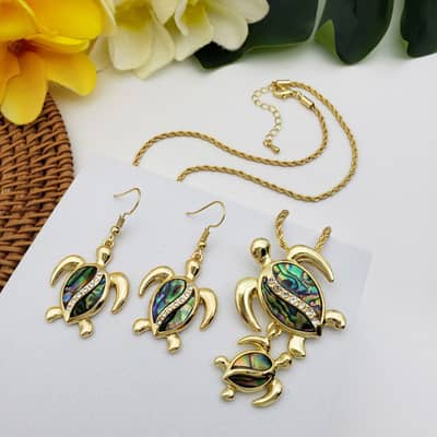 Gold Diamond Turtle Drop Earring & Natural Abalone Shell Mom and Son Turtle Statement Necklace Set detail 1
