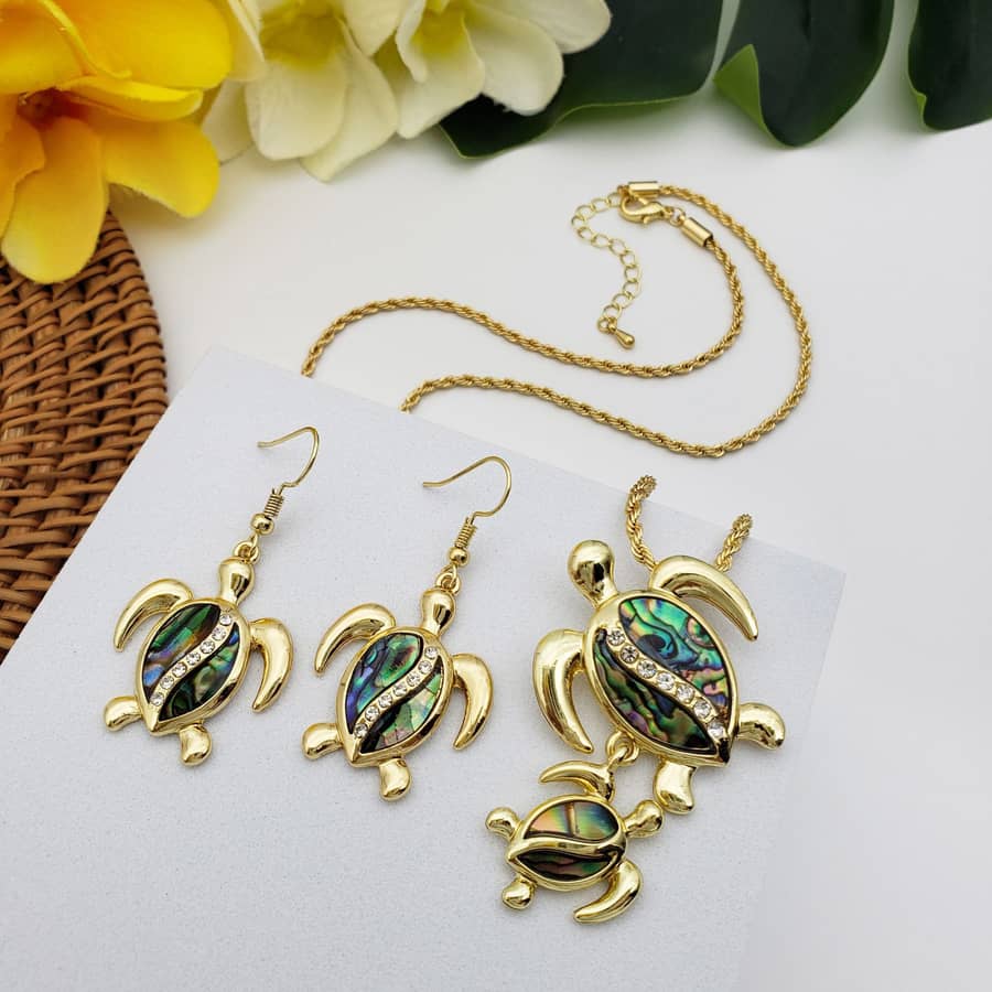 Gold Diamond Turtle Drop Earring & Natural Abalone Shell Mom and Son Turtle Statement Necklace Set - main