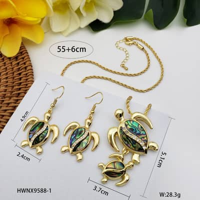 Gold Diamond Turtle Drop Earring & Natural Abalone Shell Mom and Son Turtle Statement Necklace Set detail 2