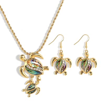 Gold Diamond Turtle Drop Earring & Natural Abalone Shell Mom and Son Turtle Statement Necklace Set detail 3
