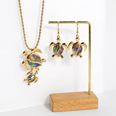 Gold Diamond Turtle Drop Earring & Natural Abalone Shell Mom and Son Turtle Statement Necklace Set detail 5