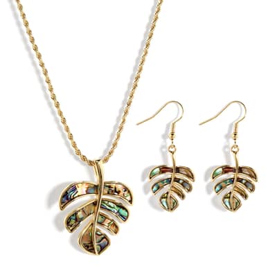 Summer Beach Gold Monstera Deliciosa Necklace & Natural Abalone Shell Turtle Drop Earring Jewelry Set detail 1